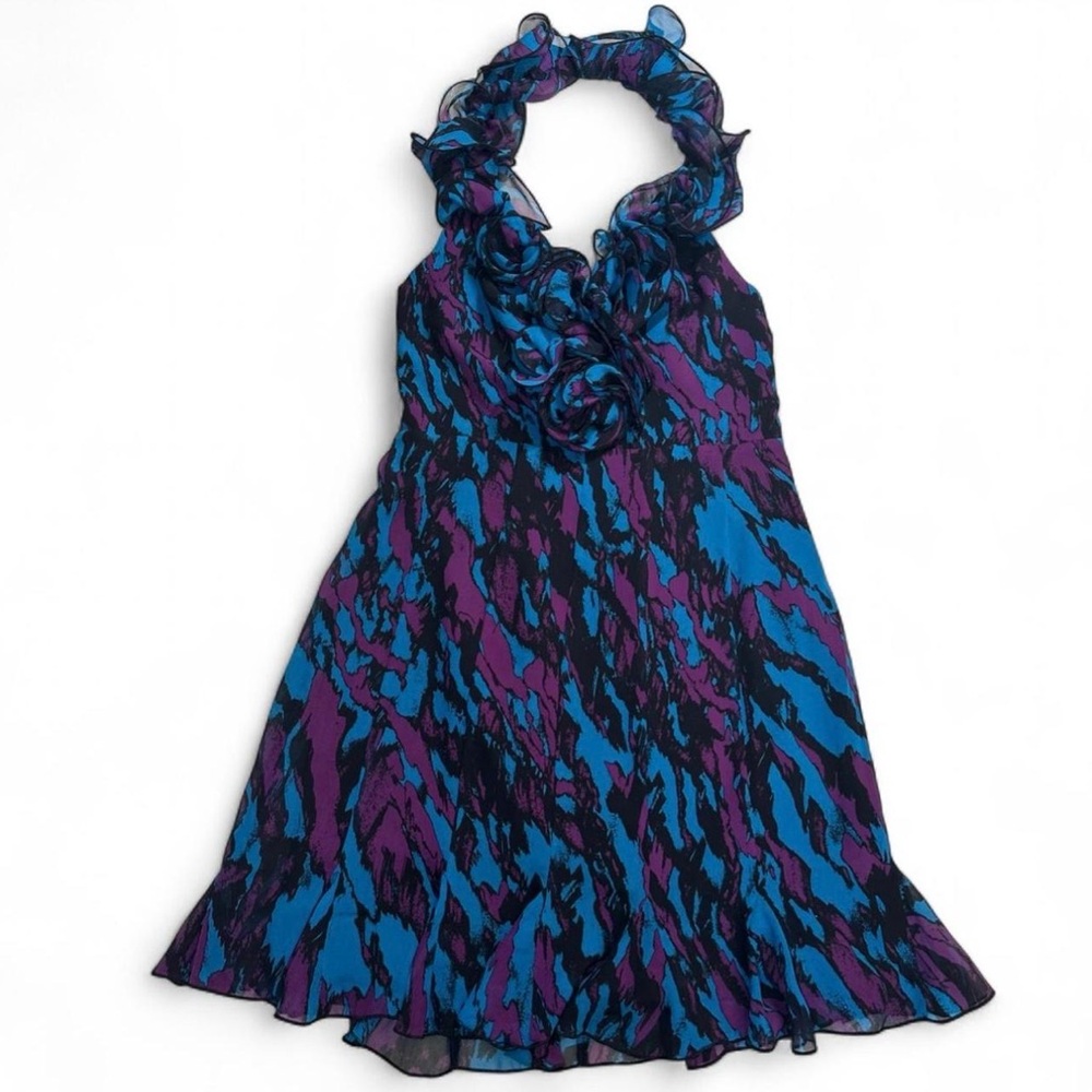 Silk Bebe Mini Halter Dress with Ruffles Purple and Blue Y2K Party Dress